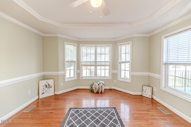 spare room featuring light hardwood / wood-style floors, a raised ceiling, ceiling fan, and ornamental molding