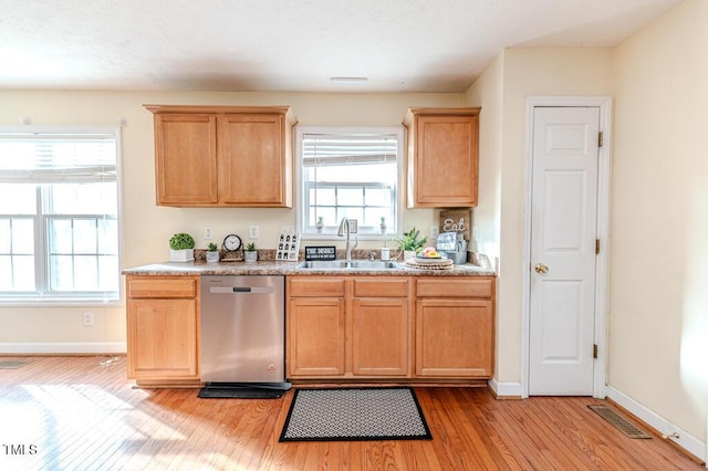 kitchen featuring a healthy amount of sunlight, sink, stainless steel dishwasher, and light hardwood / wood-style floors