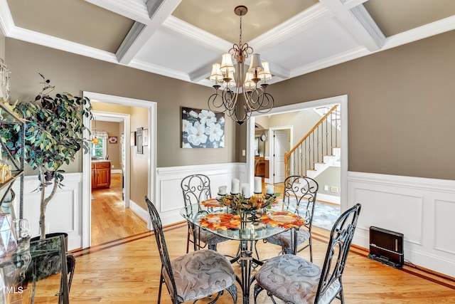 319 River Knoll Dr, Clayton, NC 27527 - dining area featuring stairs, wainscoting, light wood-style floors, and coffered ceiling