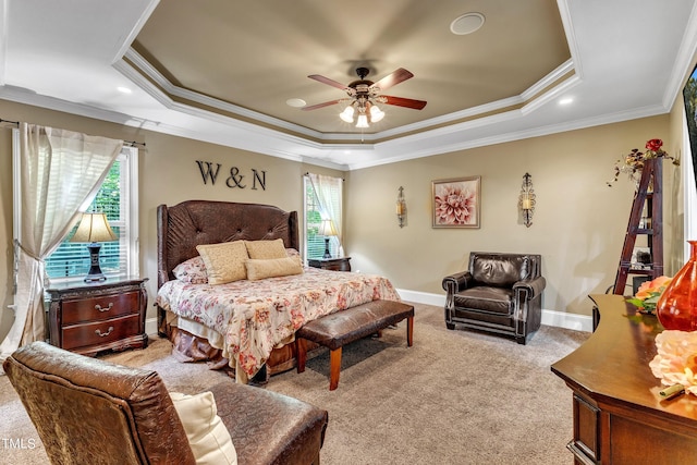 319 River Knoll Dr, Clayton, NC 27527 - bedroom featuring baseboards, a raised ceiling, ceiling fan, crown molding, and light carpet