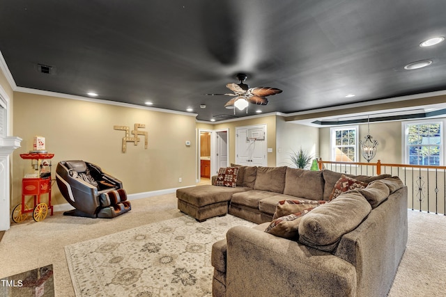 319 River Knoll Dr, Clayton, NC 27527 - living area with ornamental molding, ceiling fan, recessed lighting, and carpet flooring