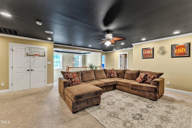 319 River Knoll Dr, Clayton, NC 27527 - carpeted living room with crown molding, baseboards, and recessed lighting