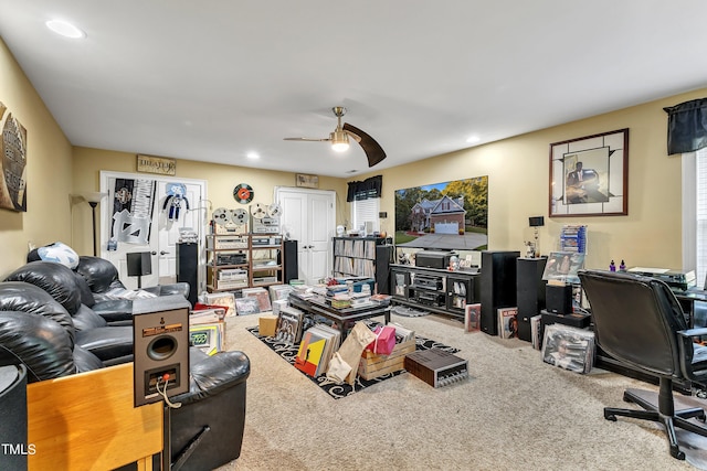 319 River Knoll Dr, Clayton, NC 27527 - carpeted living room featuring ceiling fan and recessed lighting