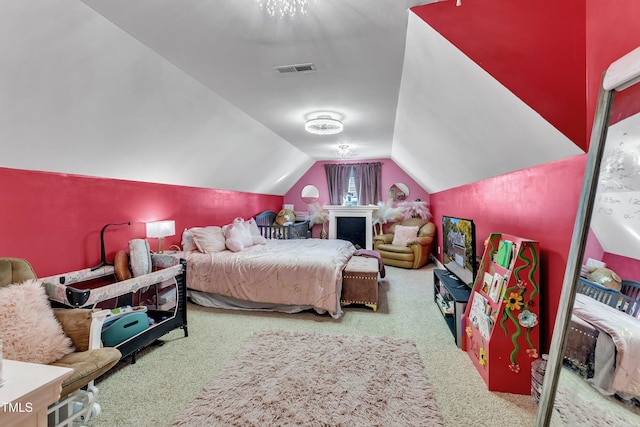 319 River Knoll Dr, Clayton, NC 27527 - carpeted bedroom featuring visible vents and vaulted ceiling