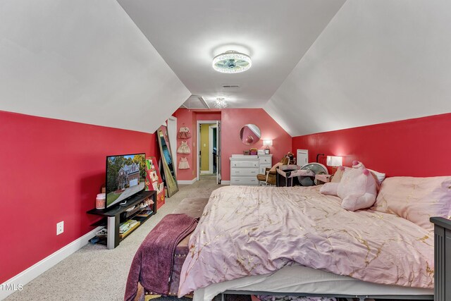 319 River Knoll Dr, Clayton, NC 27527 - carpeted bedroom with visible vents, baseboards, and lofted ceiling