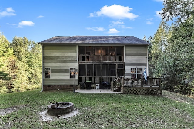 319 River Knoll Dr, Clayton, NC 27527 - back of house featuring a fire pit, a yard, a patio area, crawl space, and a balcony