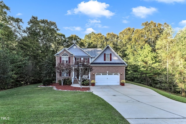 view of front of property with a garage, a front lawn, and covered porch