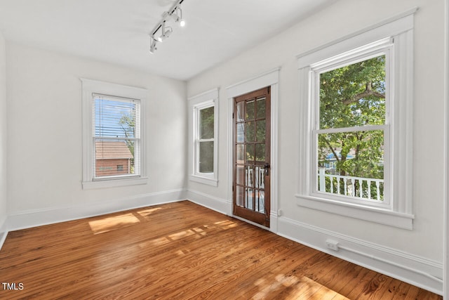 interior space featuring wood-type flooring, plenty of natural light, and rail lighting