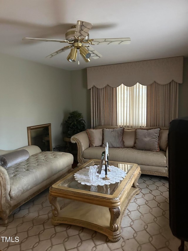 living room featuring ceiling fan