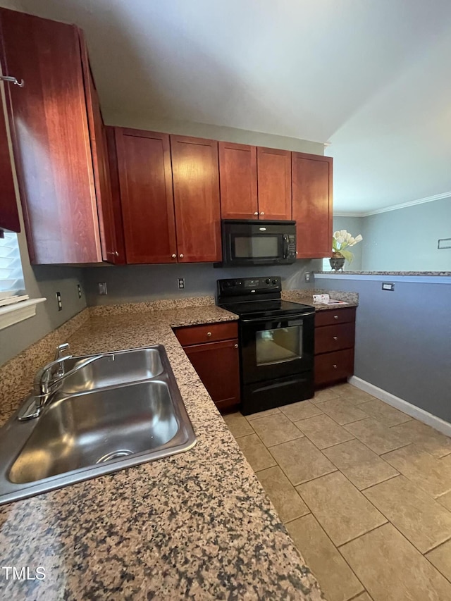 kitchen with sink, light tile patterned floors, black appliances, and light stone countertops