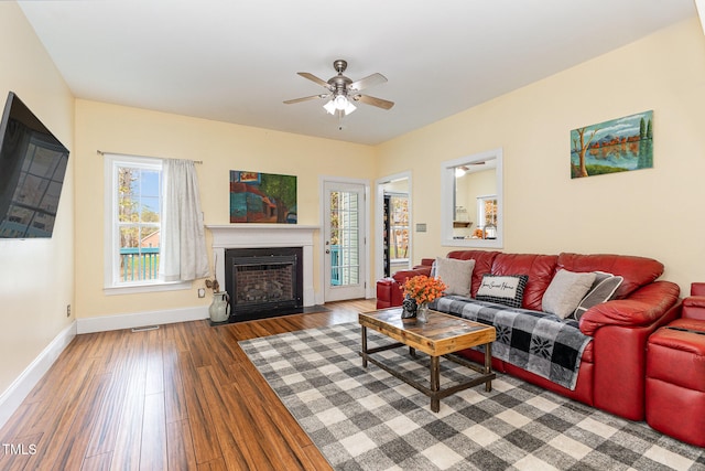 living room featuring ceiling fan and dark hardwood / wood-style floors