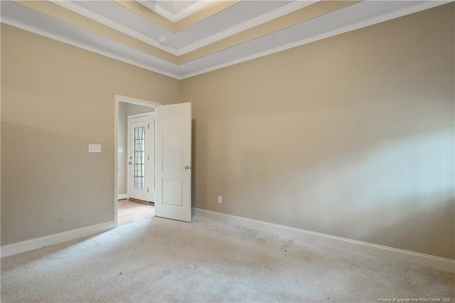 spare room with light colored carpet, ornamental molding, and a raised ceiling