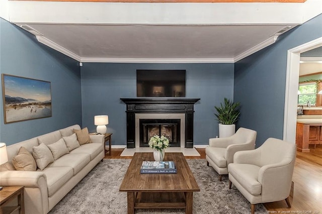 living room featuring ornamental molding, hardwood / wood-style floors, and sink