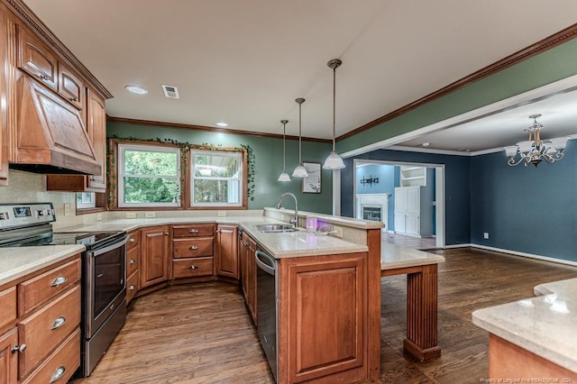 kitchen with decorative light fixtures, sink, stainless steel appliances, dark hardwood / wood-style floors, and custom exhaust hood