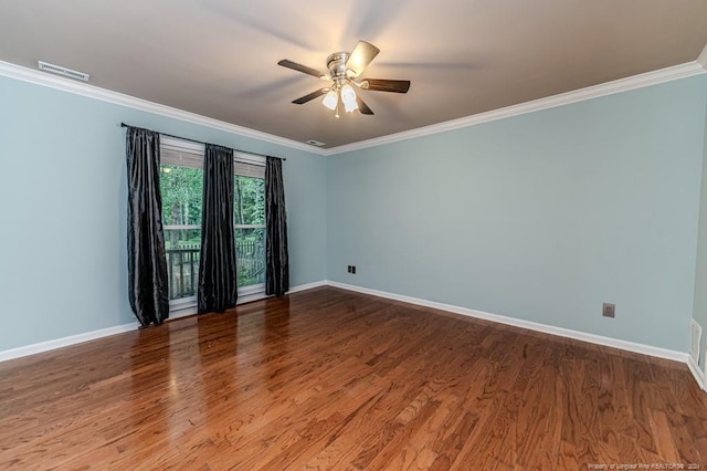 unfurnished room with wood-type flooring, ornamental molding, and ceiling fan