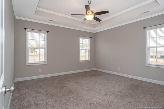 5737 Pooh Ave, Stedman, NC 28391 - empty room with a raised ceiling, carpet floors, a ceiling fan, ornamental molding, and baseboards