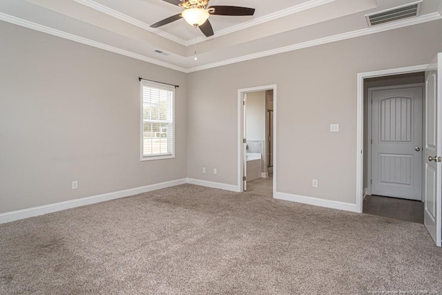 5737 Pooh Ave, Stedman, NC 28391 - unfurnished bedroom with carpet floors, crown molding, a tray ceiling, baseboards, and a ceiling fan