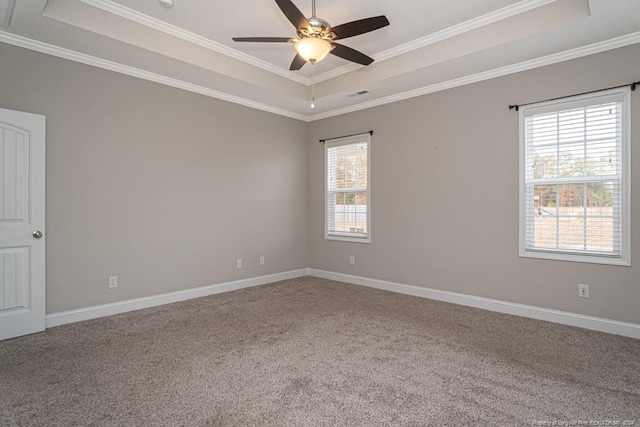 5737 Pooh Ave, Stedman, NC 28391 - carpeted empty room with a raised ceiling, ceiling fan, crown molding, and baseboards