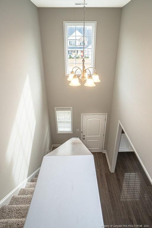 5737 Pooh Ave, Stedman, NC 28391 - foyer featuring a chandelier, dark wood-style flooring, baseboards, and a high ceiling