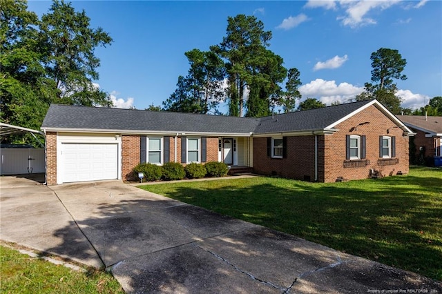 ranch-style home with a front lawn and a garage