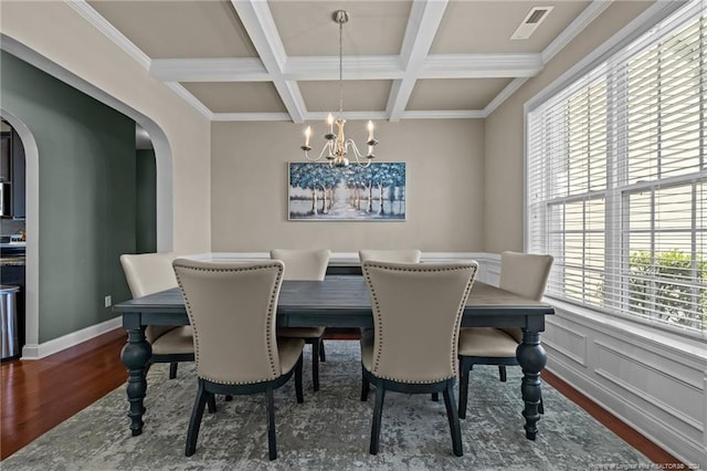 dining space featuring wood-type flooring, a notable chandelier, plenty of natural light, and coffered ceiling