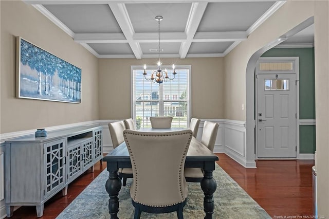 dining room with beamed ceiling, a chandelier, coffered ceiling, dark wood-type flooring, and ornamental molding