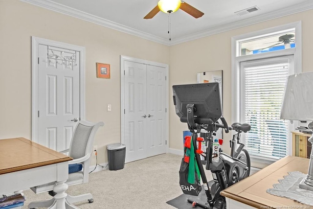 carpeted home office with ornamental molding and ceiling fan