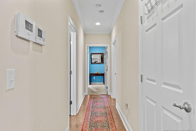 hall featuring ornamental molding and light hardwood / wood-style flooring