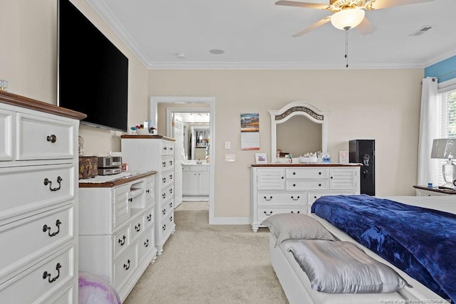 bedroom with ensuite bath, ceiling fan, light carpet, and ornamental molding