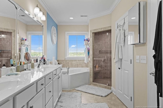 bathroom with tile patterned flooring, ornamental molding, independent shower and bath, and a wealth of natural light