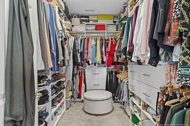 walk in closet with light carpet