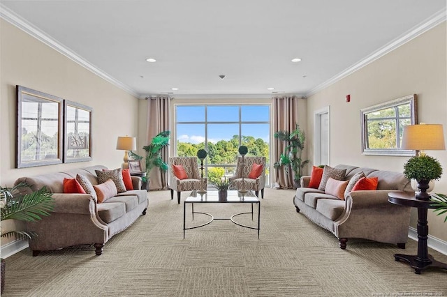 living room featuring light carpet and crown molding