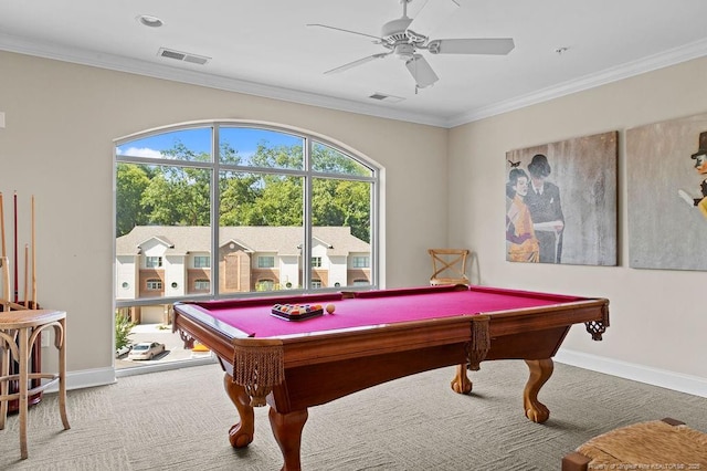 recreation room with pool table, ceiling fan, and ornamental molding