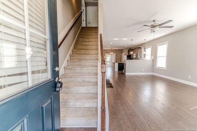 staircase with hardwood / wood-style flooring and ceiling fan