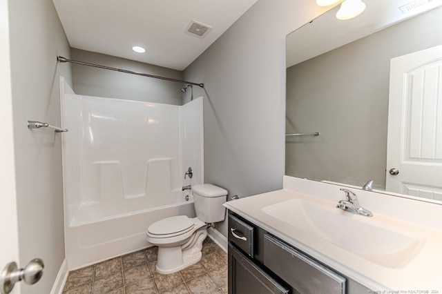 full bathroom featuring vanity,  shower combination, and toilet