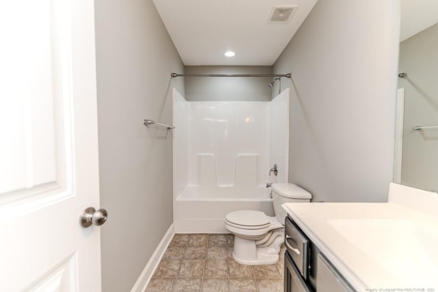 full bathroom featuring vanity, toilet, and shower / washtub combination