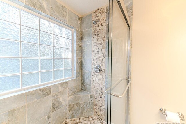 bathroom with a shower with shower door