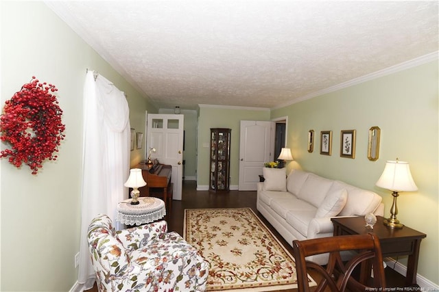 living room with ornamental molding, wood-type flooring, and a textured ceiling