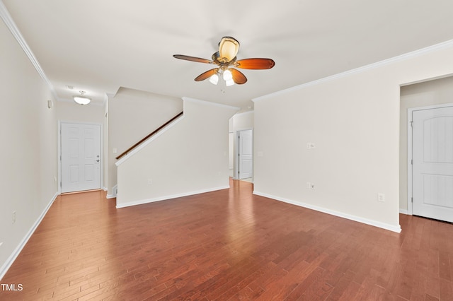 unfurnished living room featuring crown molding, hardwood / wood-style flooring, and ceiling fan