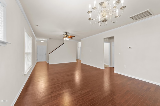 unfurnished living room with ceiling fan, dark hardwood / wood-style floors, and ornamental molding