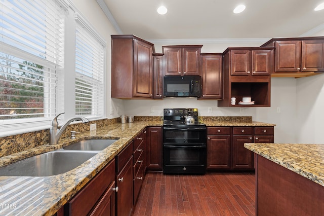 kitchen featuring sink, black appliances, light stone countertops, and ornamental molding