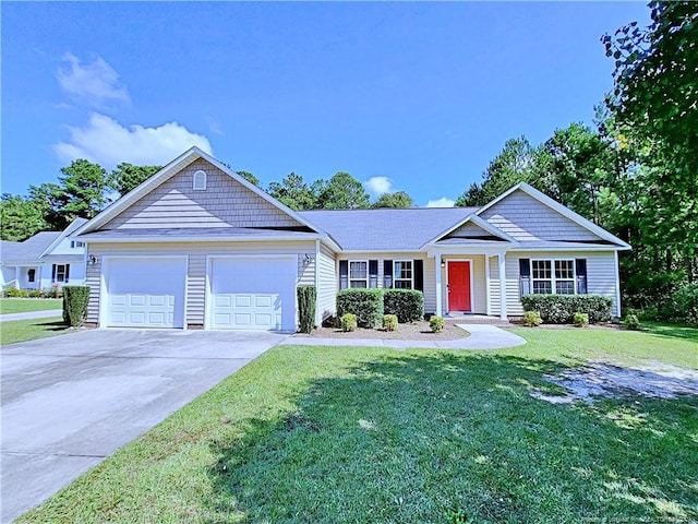 single story home with a front yard and a garage