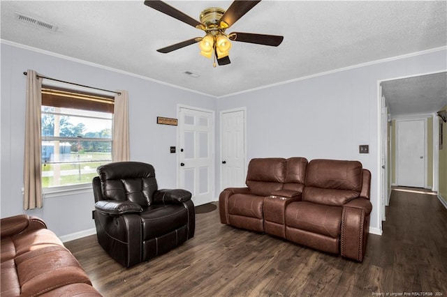 living room with dark hardwood / wood-style floors, crown molding, a textured ceiling, and ceiling fan