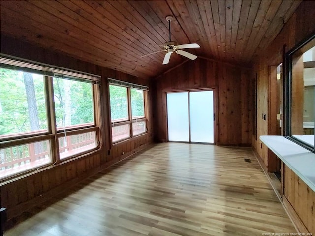 unfurnished sunroom featuring ceiling fan, lofted ceiling, and wooden ceiling