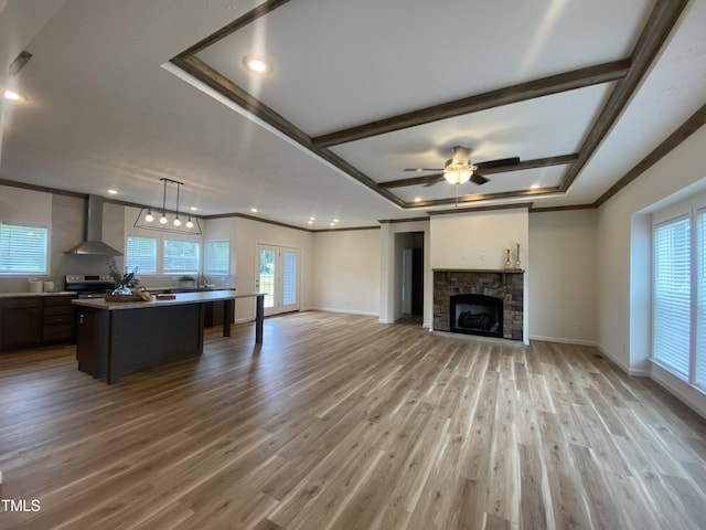 6733 Oscar Barham Rd, Wake Forest, NC 27587 - living room featuring plenty of natural light, light wood-style flooring, crown molding, a ceiling fan, and a fireplace