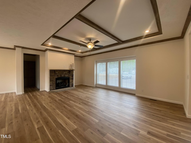 6733 Oscar Barham Rd, Wake Forest, NC 27587 - unfurnished living room with crown molding, a ceiling fan, baseboards, wood finished floors, and recessed lighting