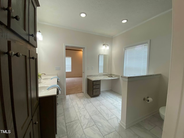 bathroom featuring ornamental molding, vanity, toilet, and a wealth of natural light