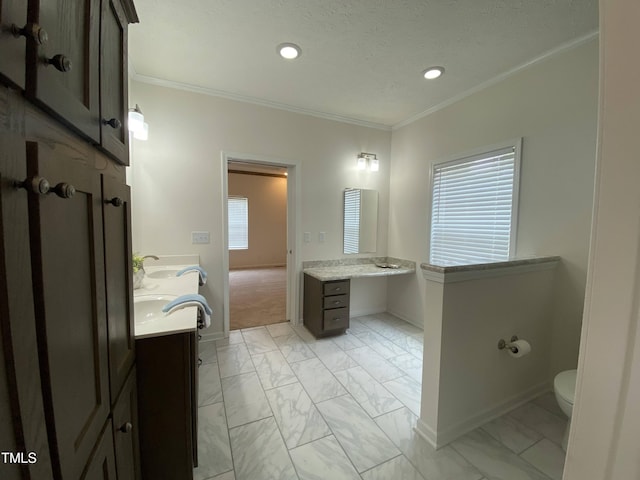 6733 Oscar Barham Rd, Wake Forest, NC 27587 - full bath featuring double vanity, baseboards, marble finish floors, ornamental molding, and recessed lighting