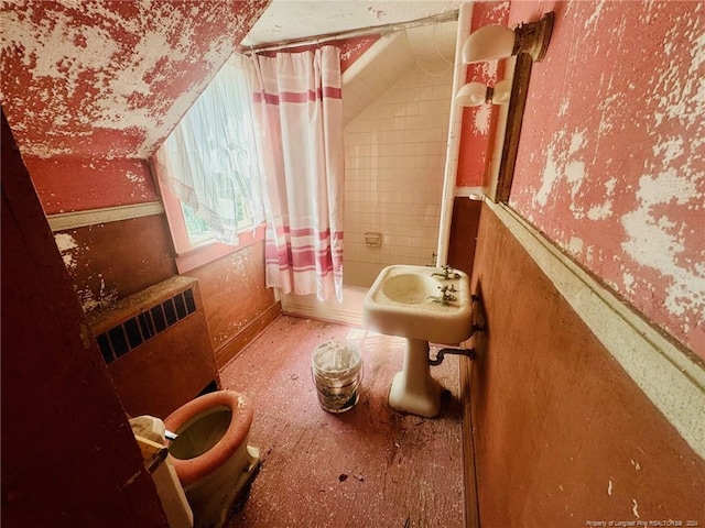 bathroom featuring lofted ceiling, radiator, and toilet