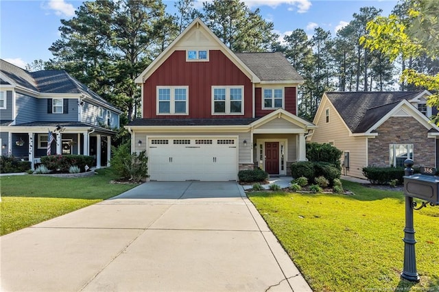 craftsman inspired home with a front lawn and a garage